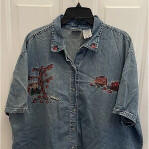 Bobbie Brooks Denim Shirt Women 22/24 Embroidered Apple Button Up Vintage